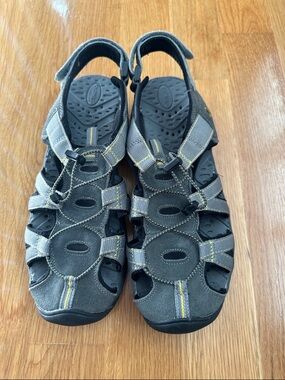 Khombu Gray Sandals with Yellow Stitching